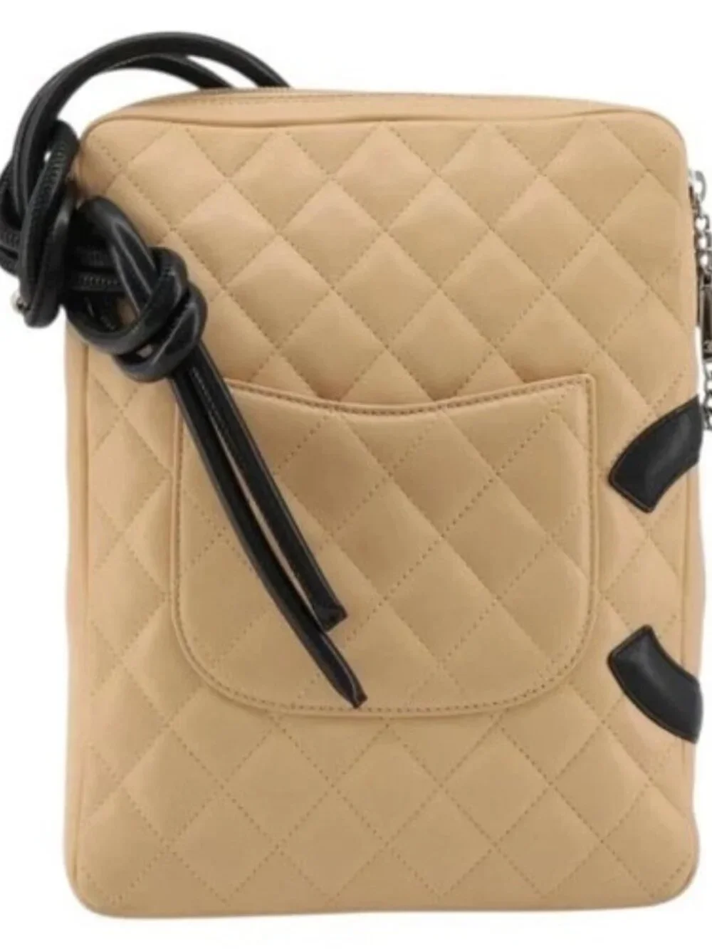 CHANEL Matelasse Cambon Line Shoulder Bag Leather Beige Silver CC Auth 183625M